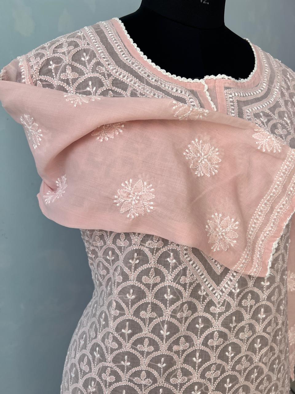 Rose Pink Soft Cotton kurta with Fish scale Handwork