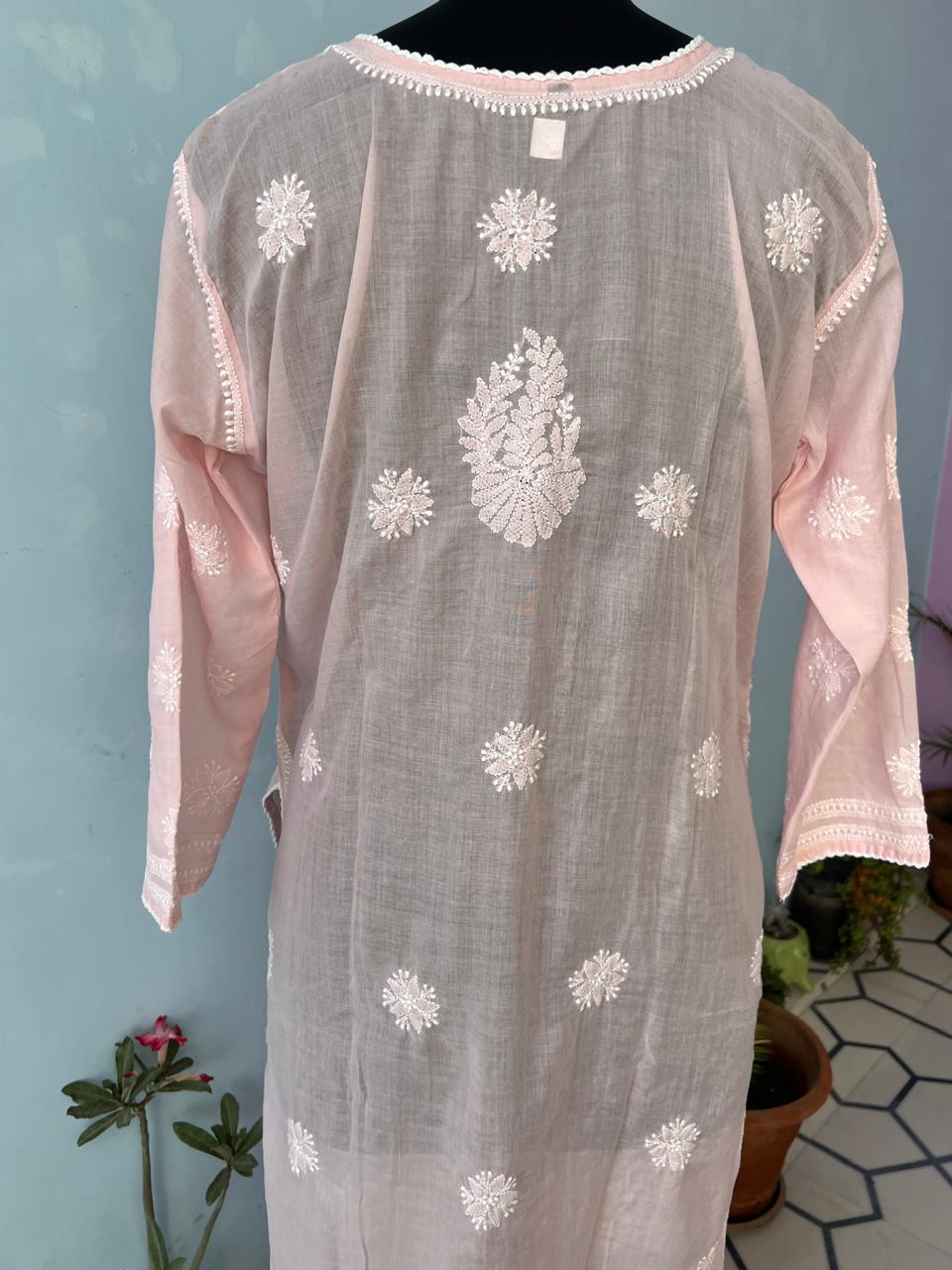 Rose Pink Soft Cotton kurta with Fish scale Handwork