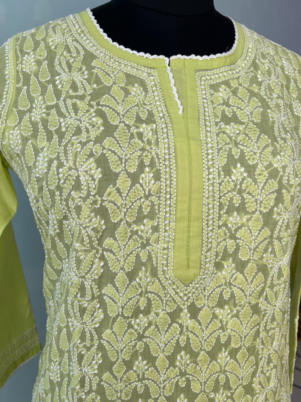 Lime Green Cotton Hand embroidered kurta