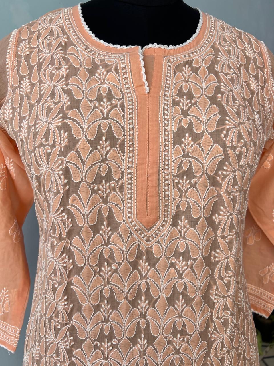 Peach Cotton Hand embroidered Kurti