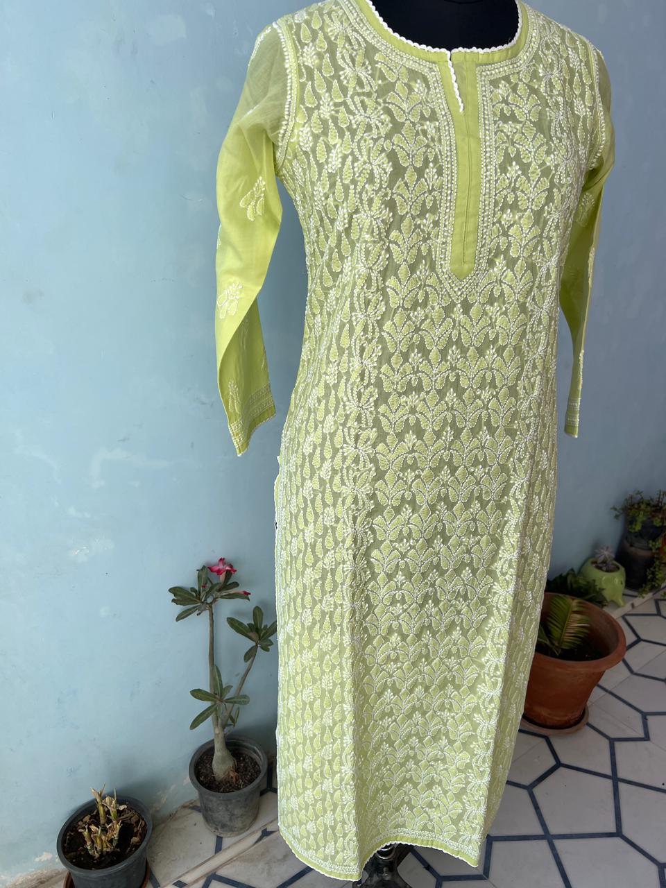 Lime Green Cotton Hand embroidered kurta