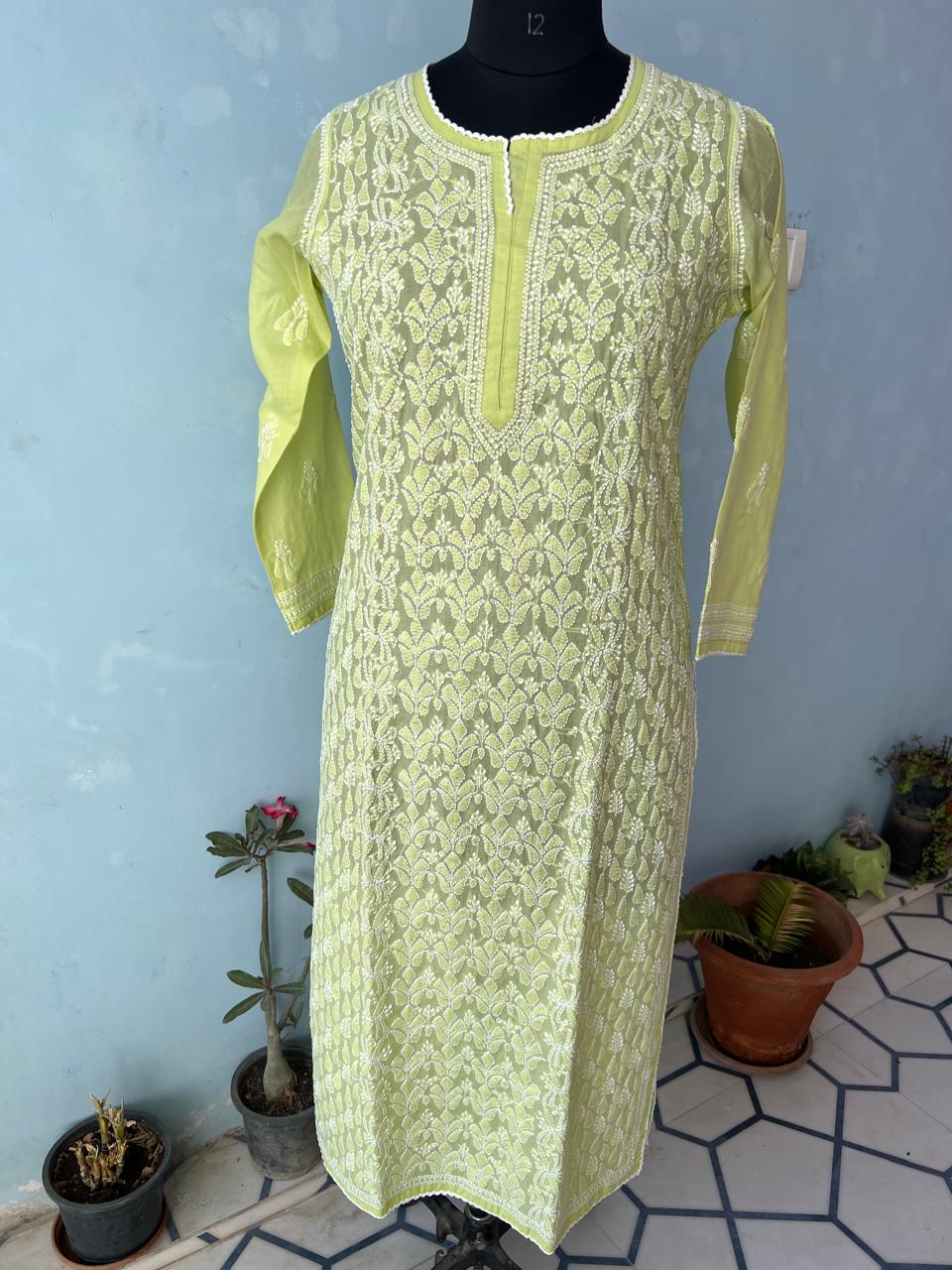 Lime Green Cotton Hand embroidered kurta
