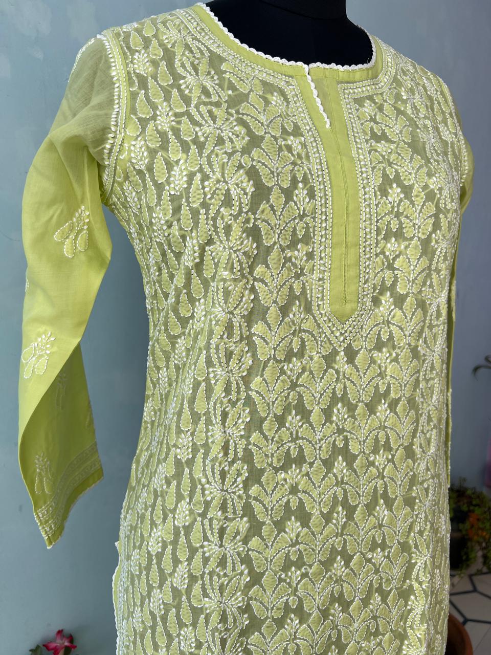Lime Green Cotton Hand embroidered kurta