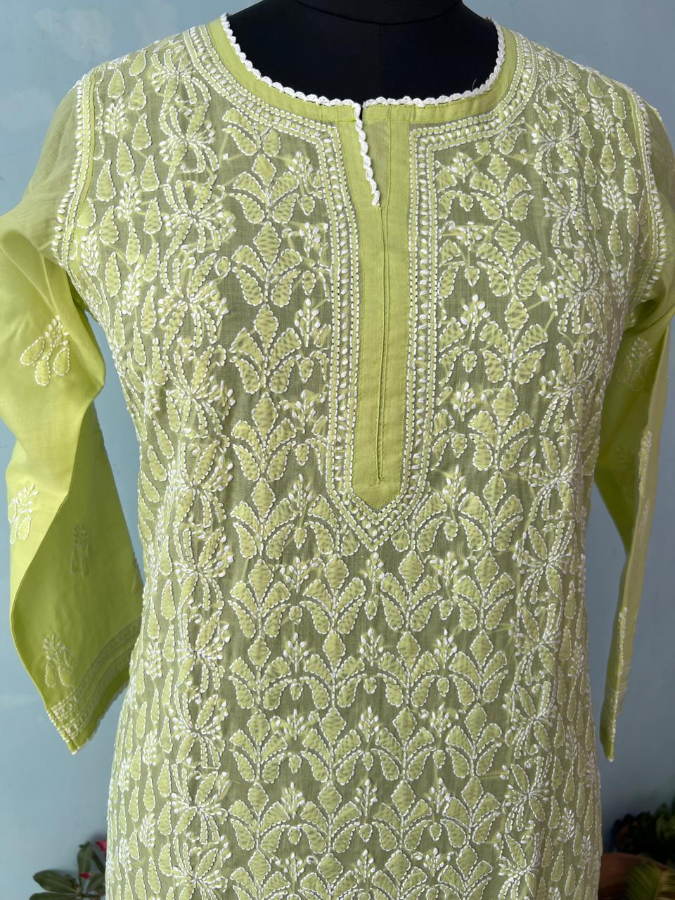 Lime Green Cotton Hand embroidered kurta