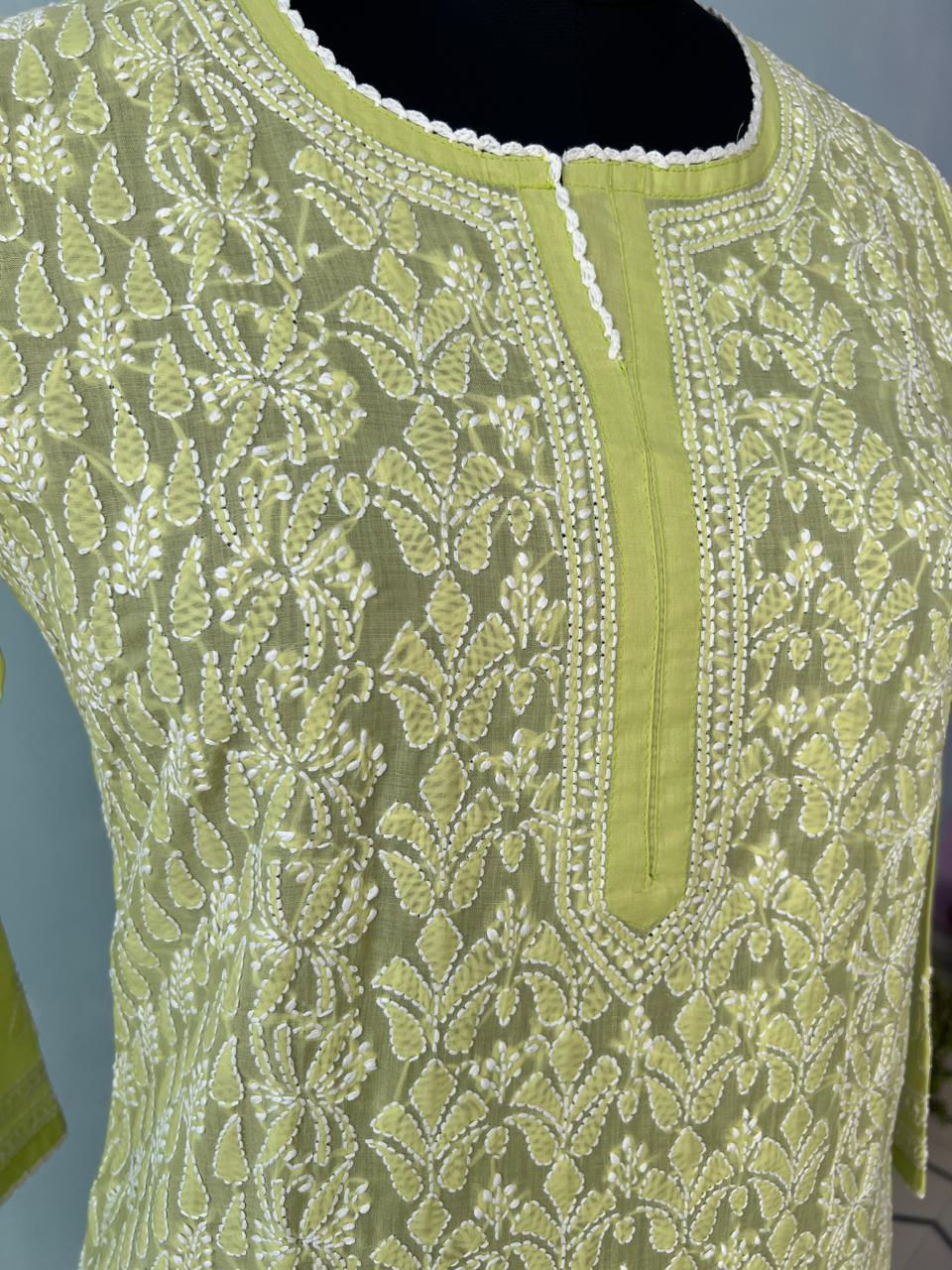 Lime Green Cotton Hand embroidered kurta