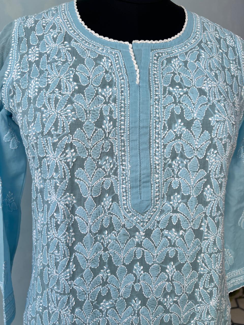 Blue Cotton Hand embroidered Kurti