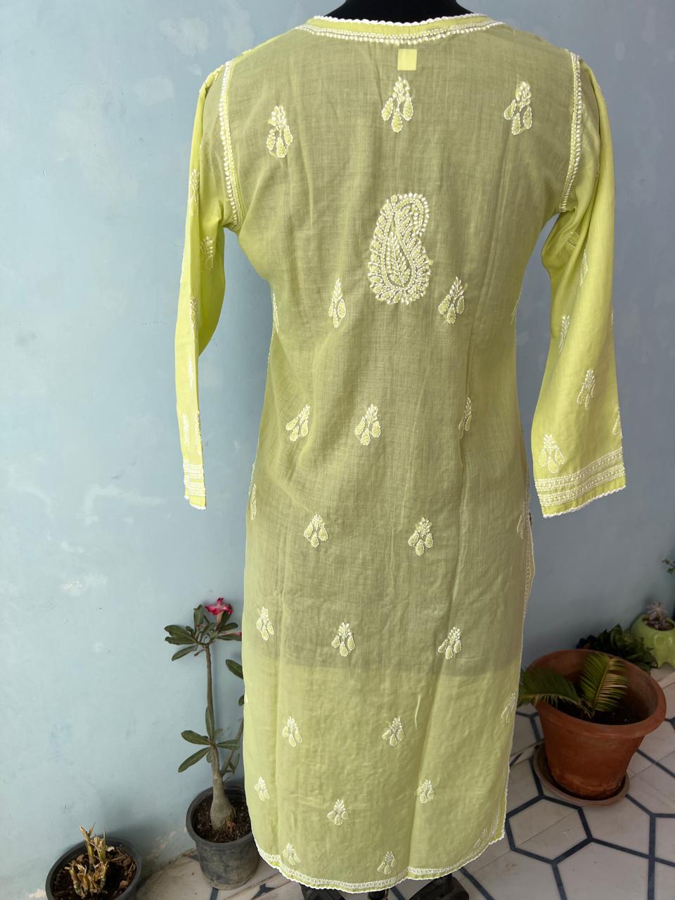 Lime Green Cotton Hand embroidered kurta