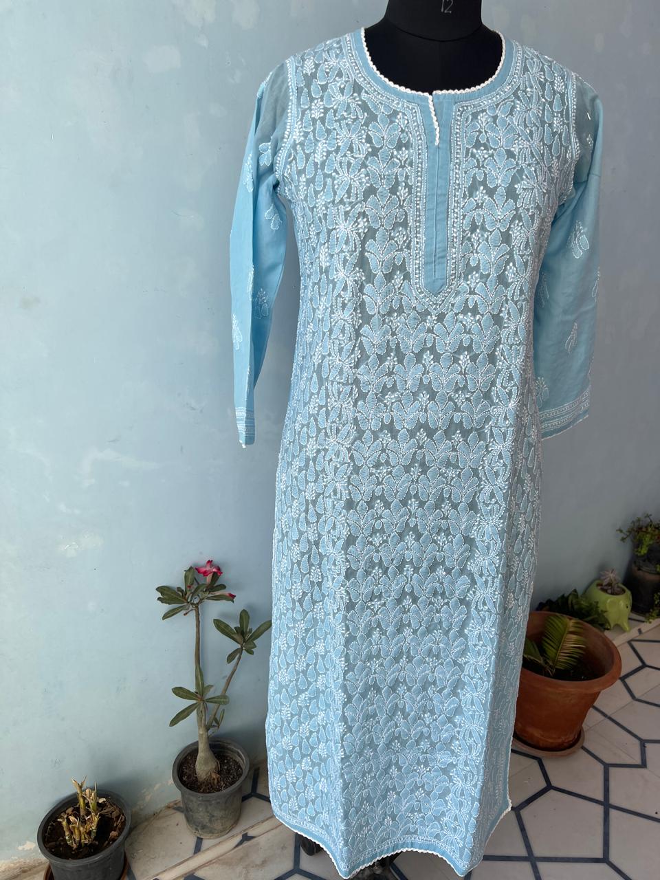 Blue Cotton Hand embroidered Kurti