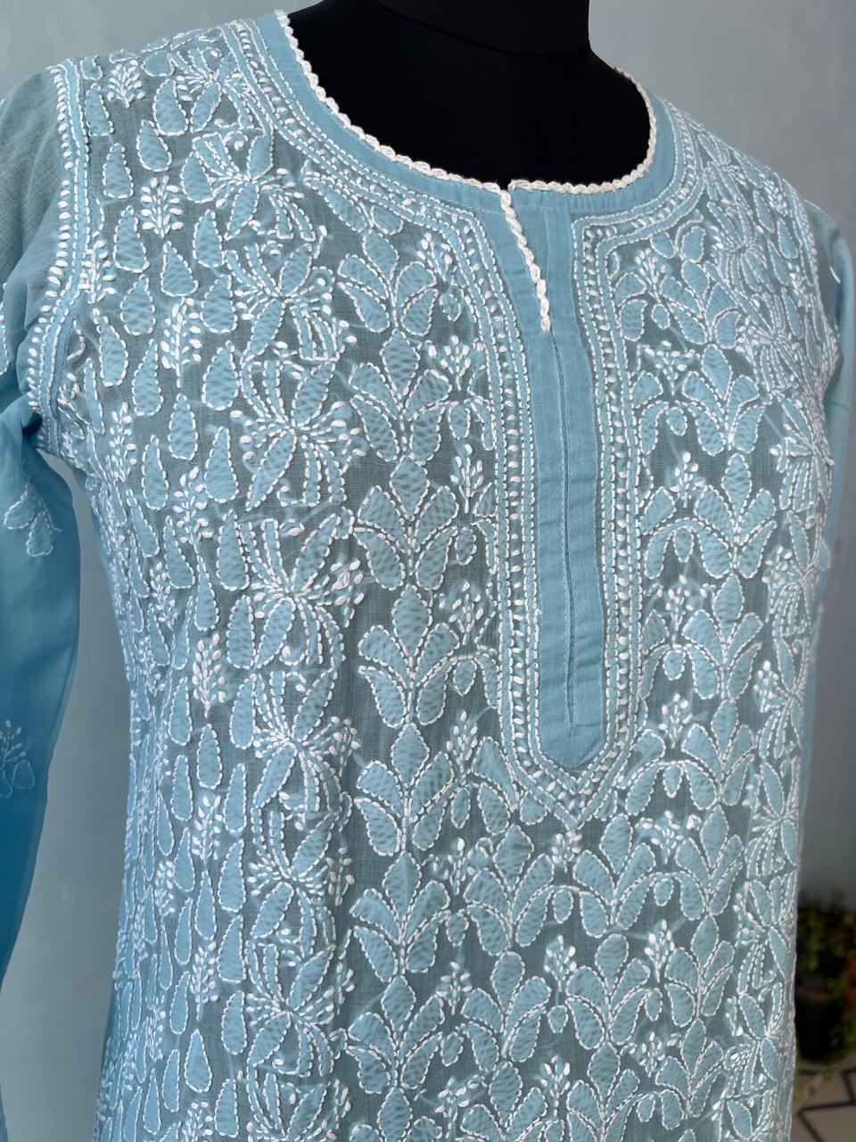 Blue Cotton Hand embroidered Kurti
