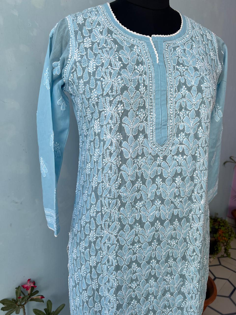 Blue Cotton Hand embroidered Kurti