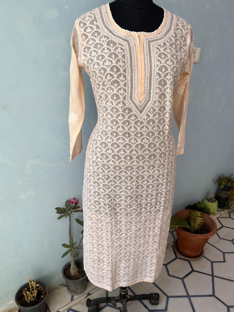 Pastel Peach fish scale Jaalwork Ready to wear Kurta
