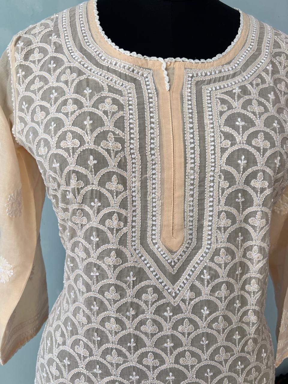 Pastel Peach fish scale Jaalwork Ready to wear Kurta