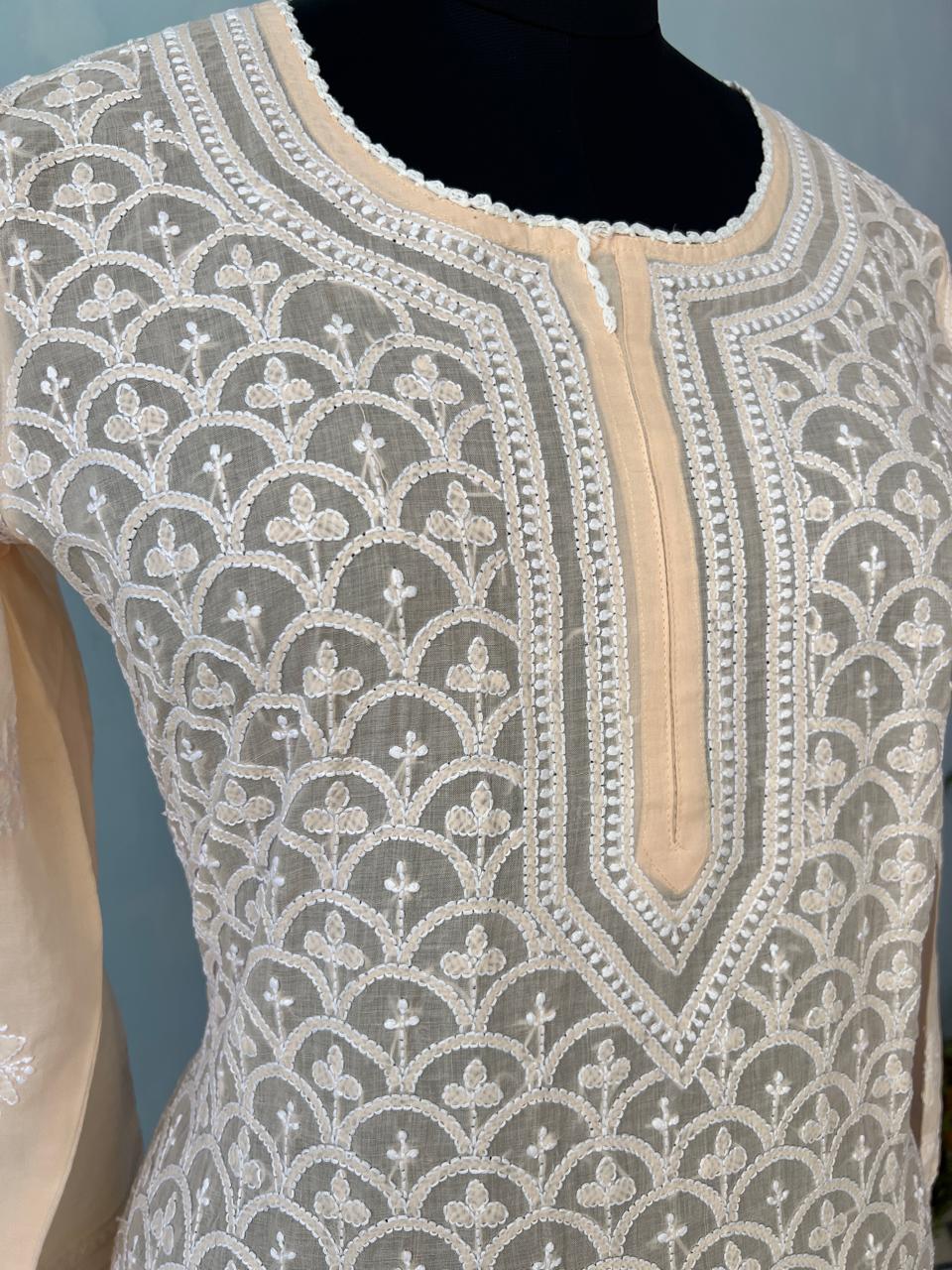 Pastel Peach fish scale Jaalwork Ready to wear Kurta