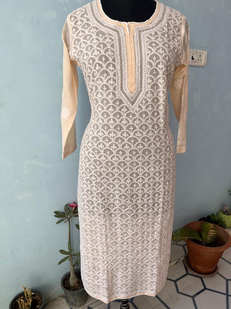 Pastel Peach fish scale Jaalwork Ready to wear Kurta