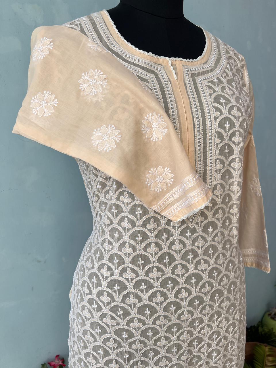 Pastel Peach fish scale Jaalwork Ready to wear Kurta