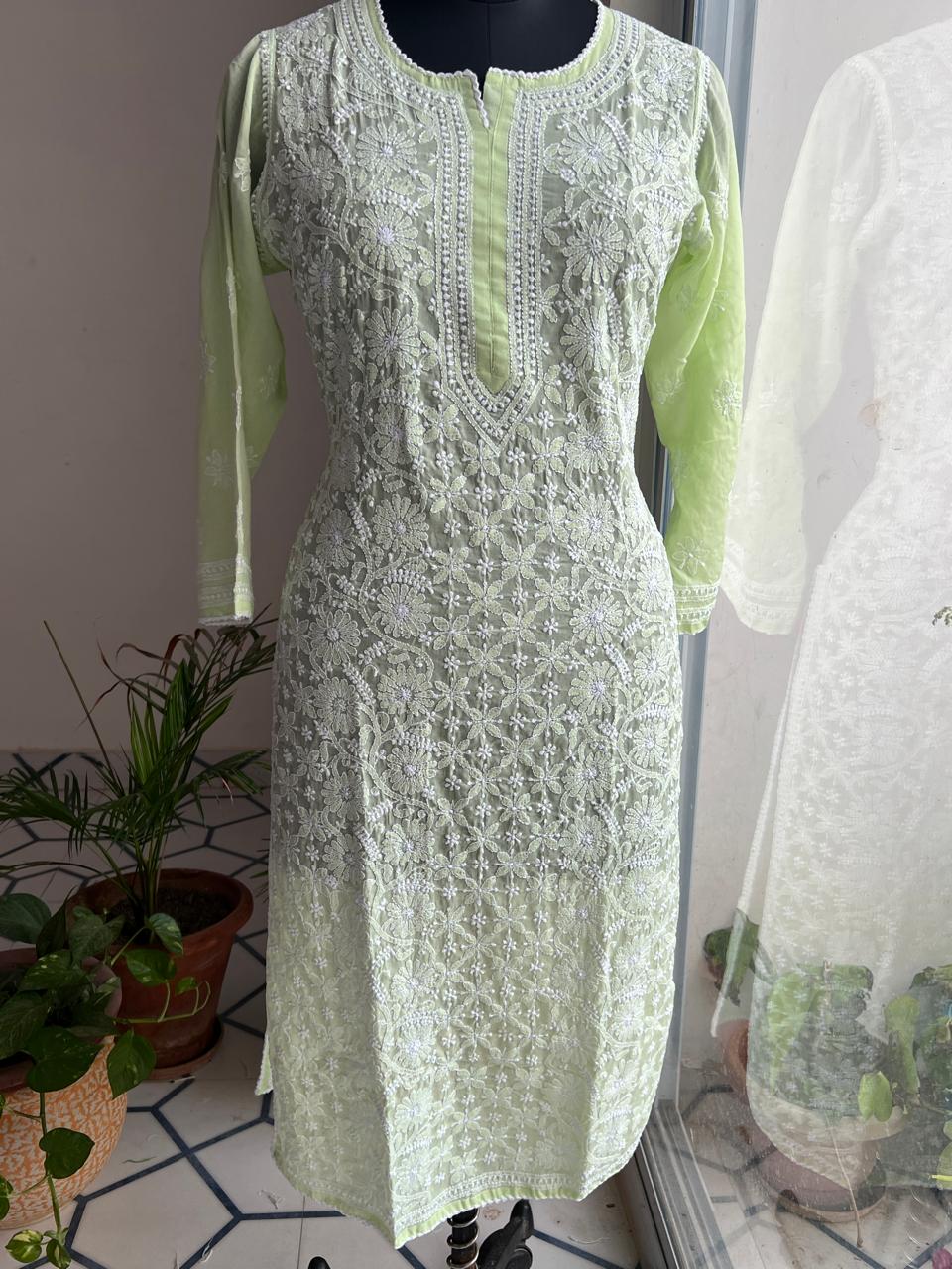 Lime Green Cotton Hand embroidered Jaalwork Kurti