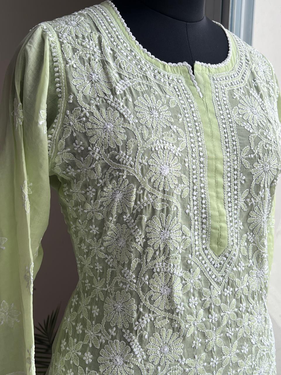 Lime Green Cotton Hand embroidered Jaalwork Kurti