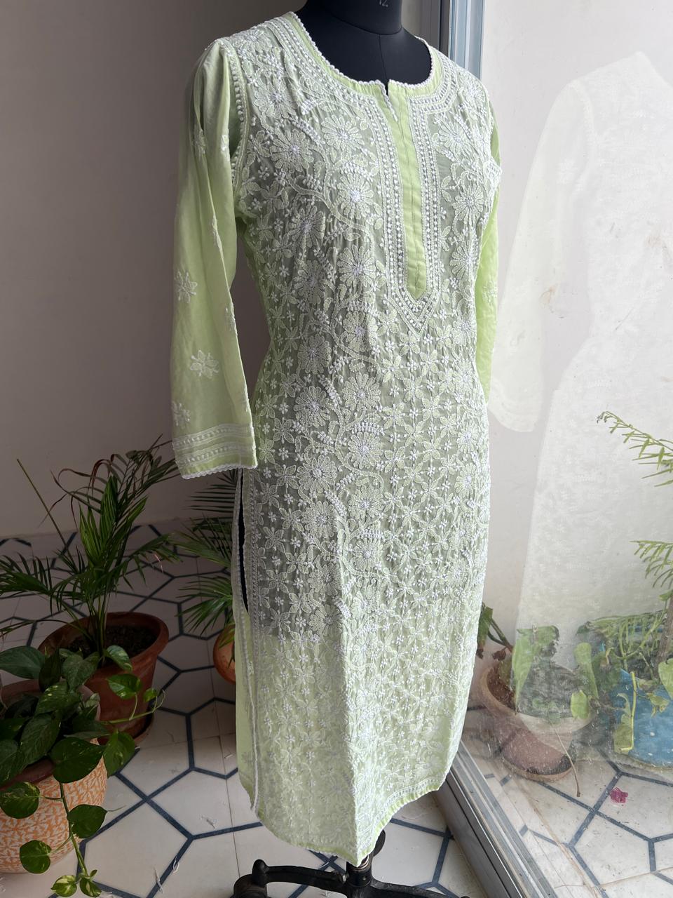 Lime Green Cotton Hand embroidered Jaalwork Kurti