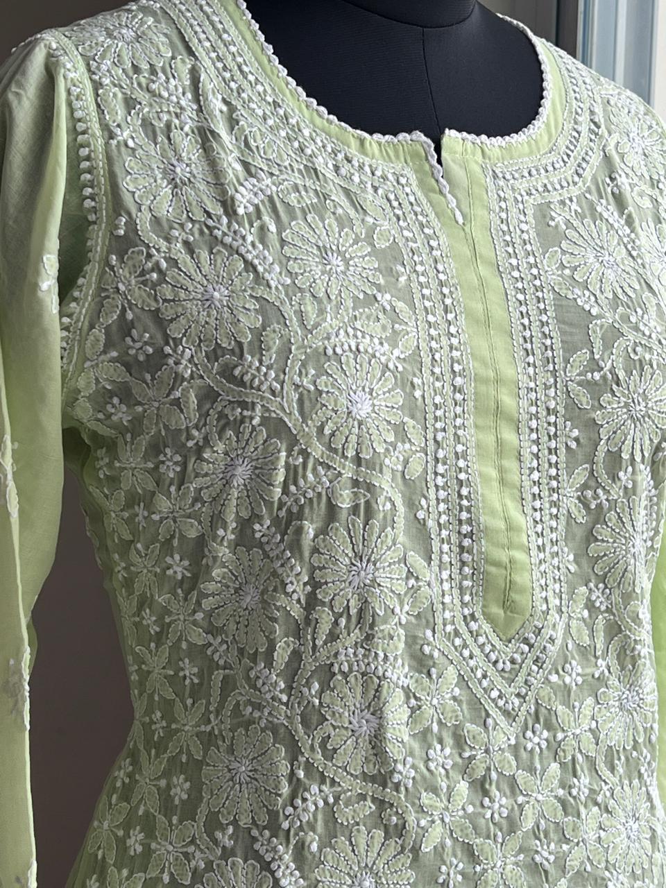 Lime Green Cotton Hand embroidered Jaalwork Kurti