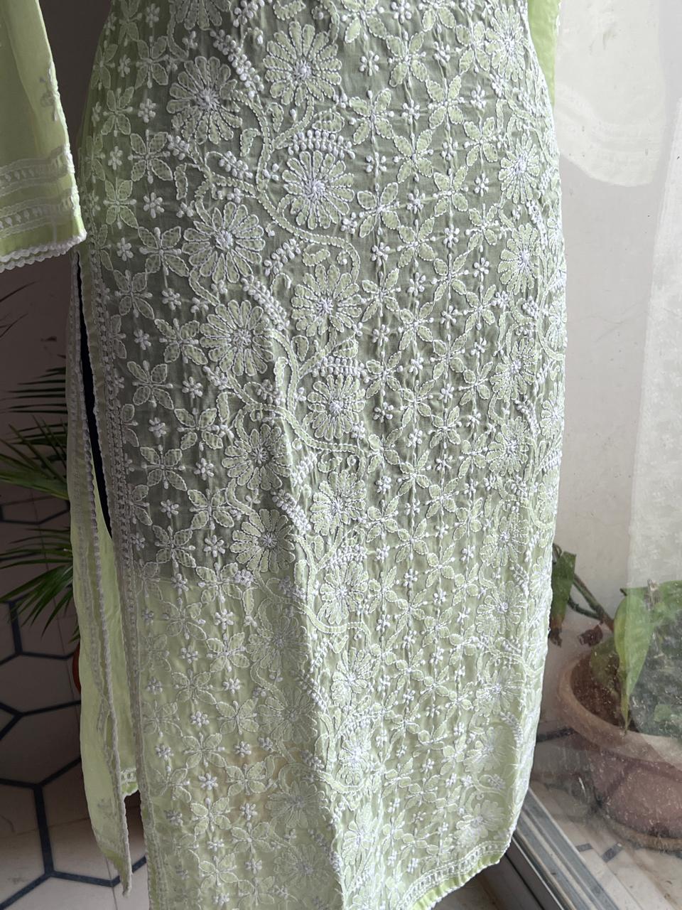 Lime Green Cotton Hand embroidered Jaalwork Kurti