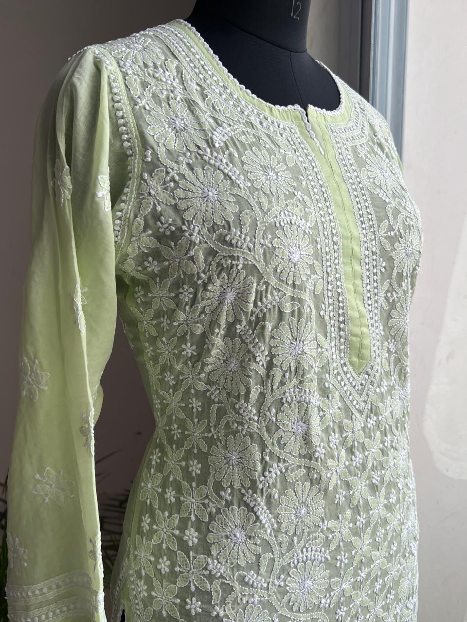 Lime Green Cotton Hand embroidered Jaalwork Kurti