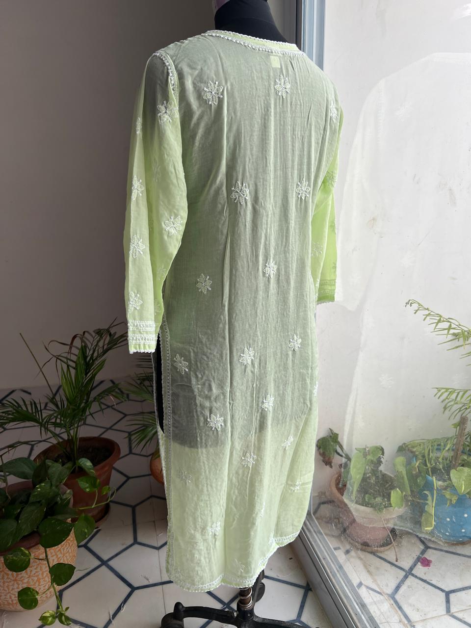 Lime Green Cotton Hand embroidered Jaalwork Kurti