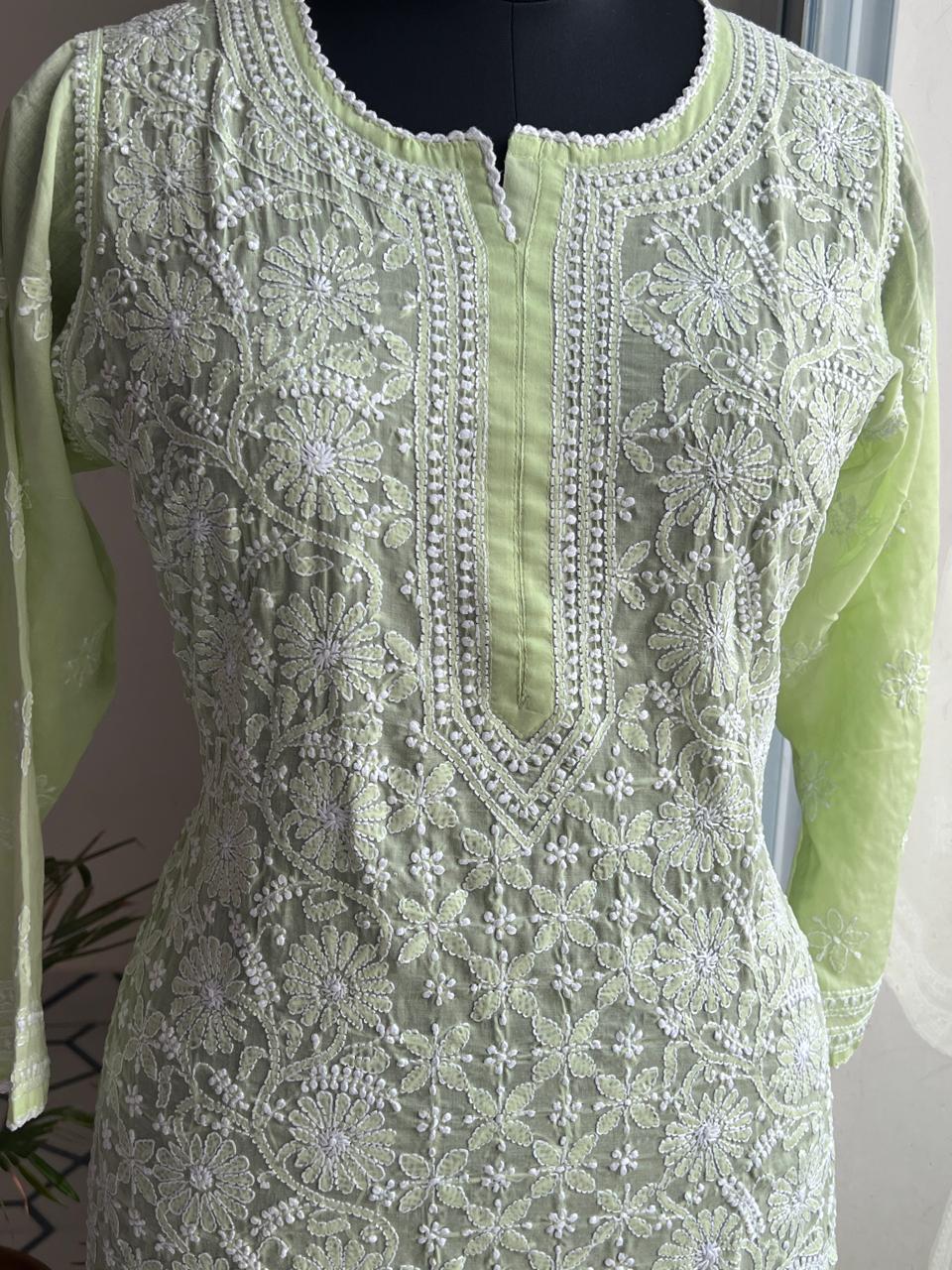 Lime Green Cotton Hand embroidered Jaalwork Kurti
