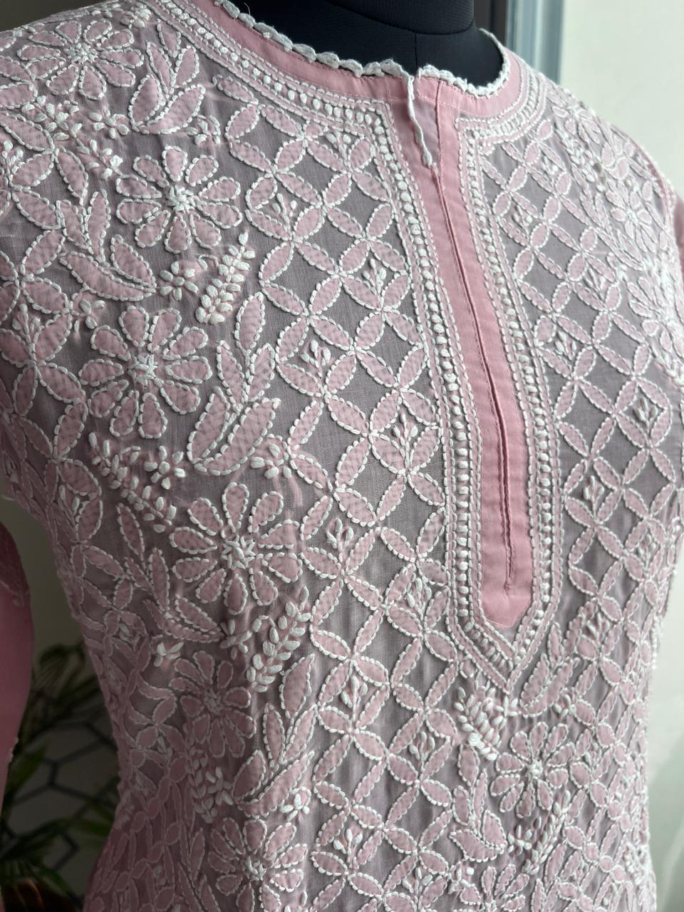 Old Rose pink Cotton Hand embroidered kurti