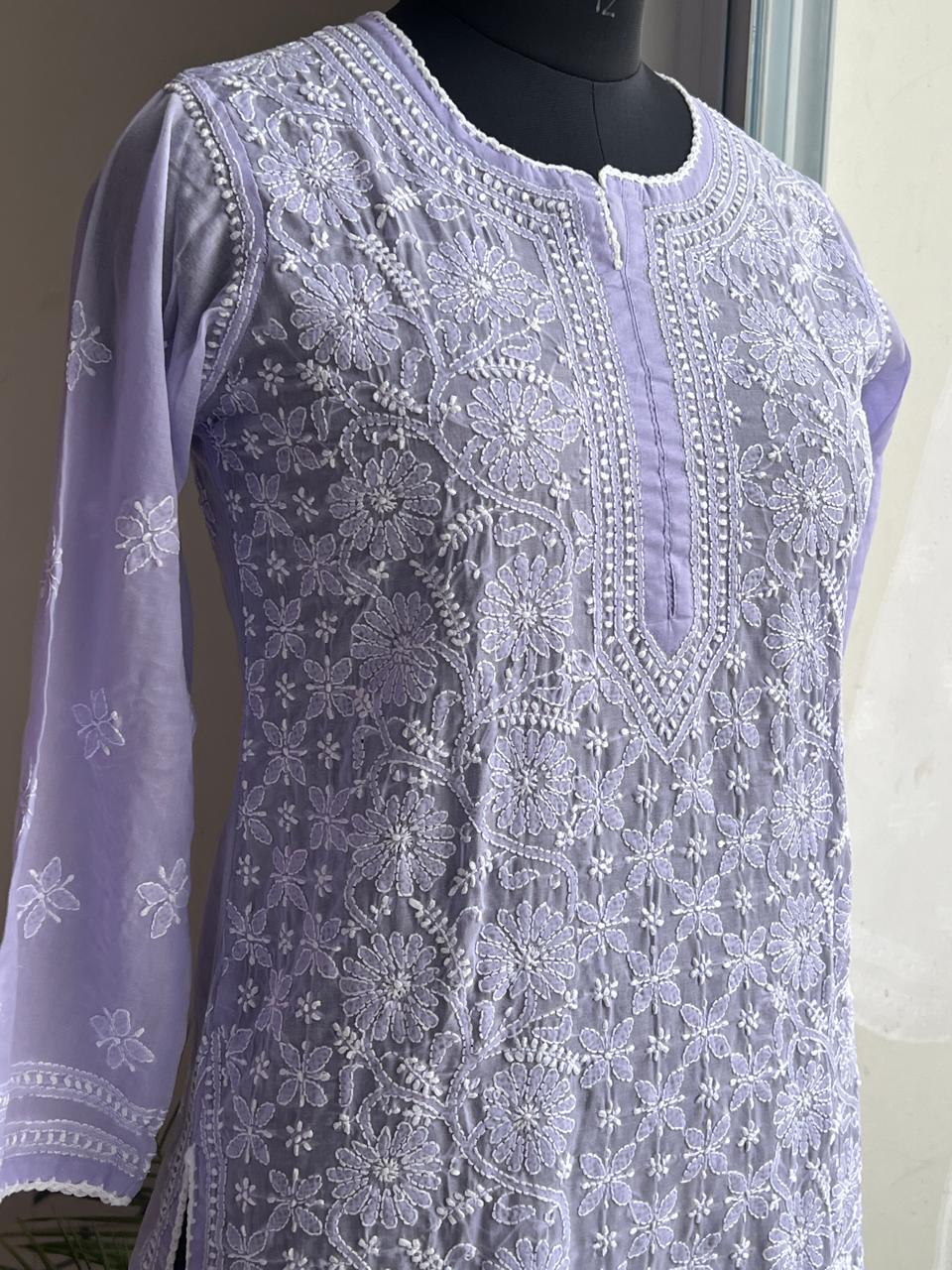 Lavender Cotton Hand embroidered Kurti