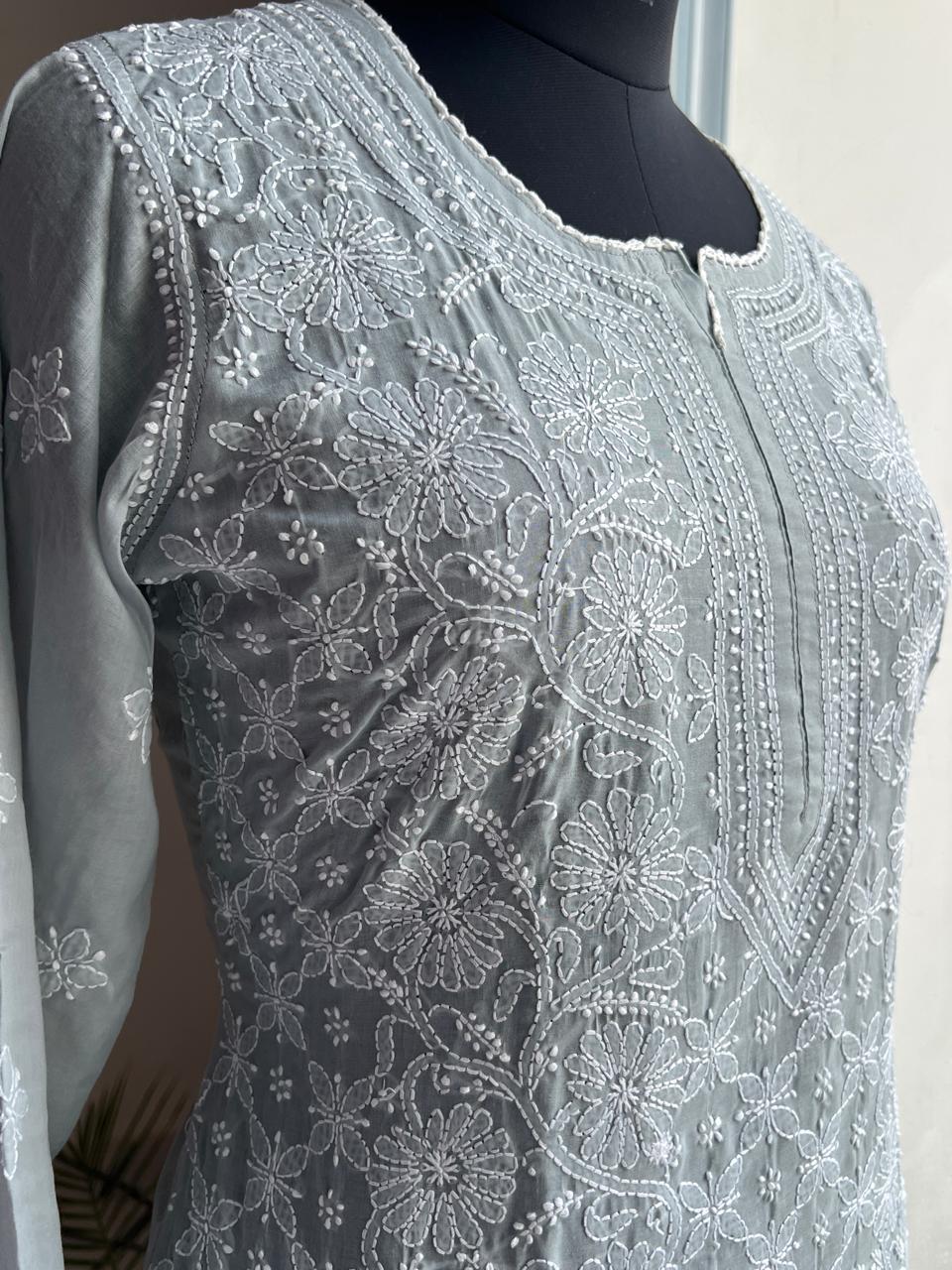 Grey Cotton Hand embroidered Jaalwork Kurti
