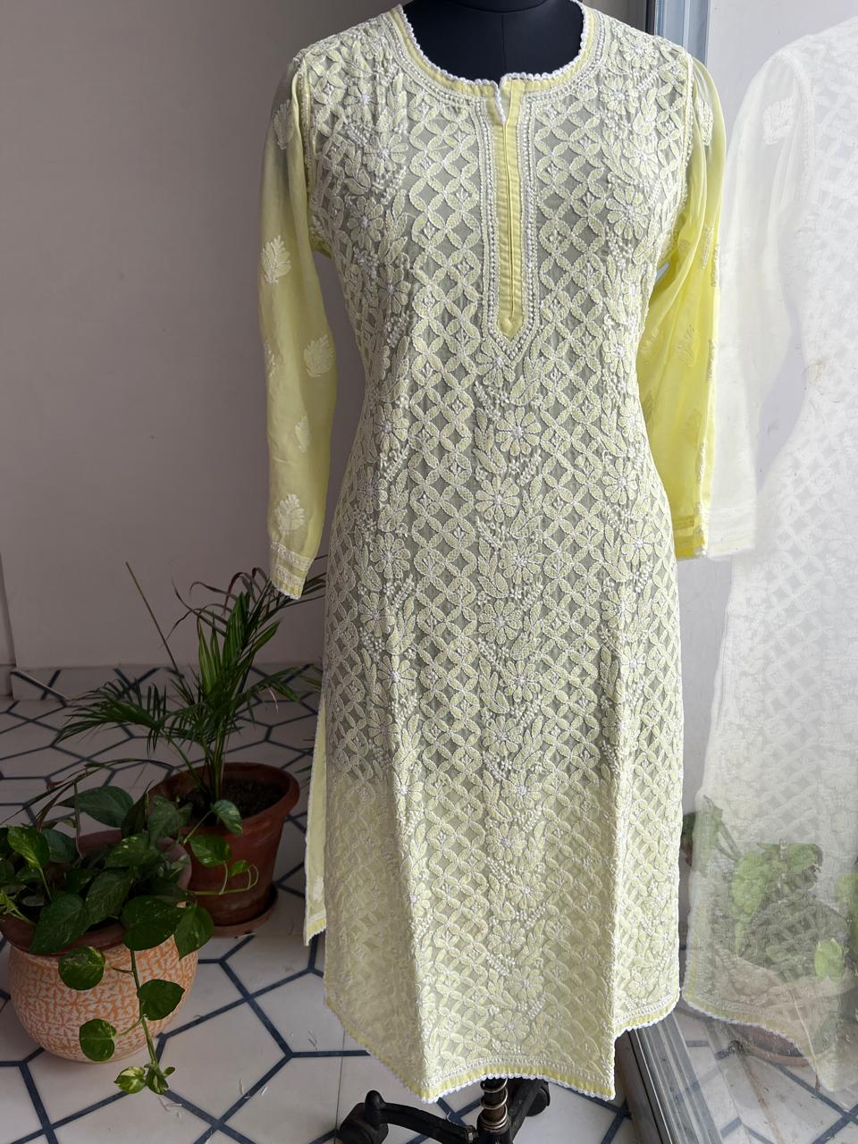 Lemon Cotton Hand Embroidered Kurti