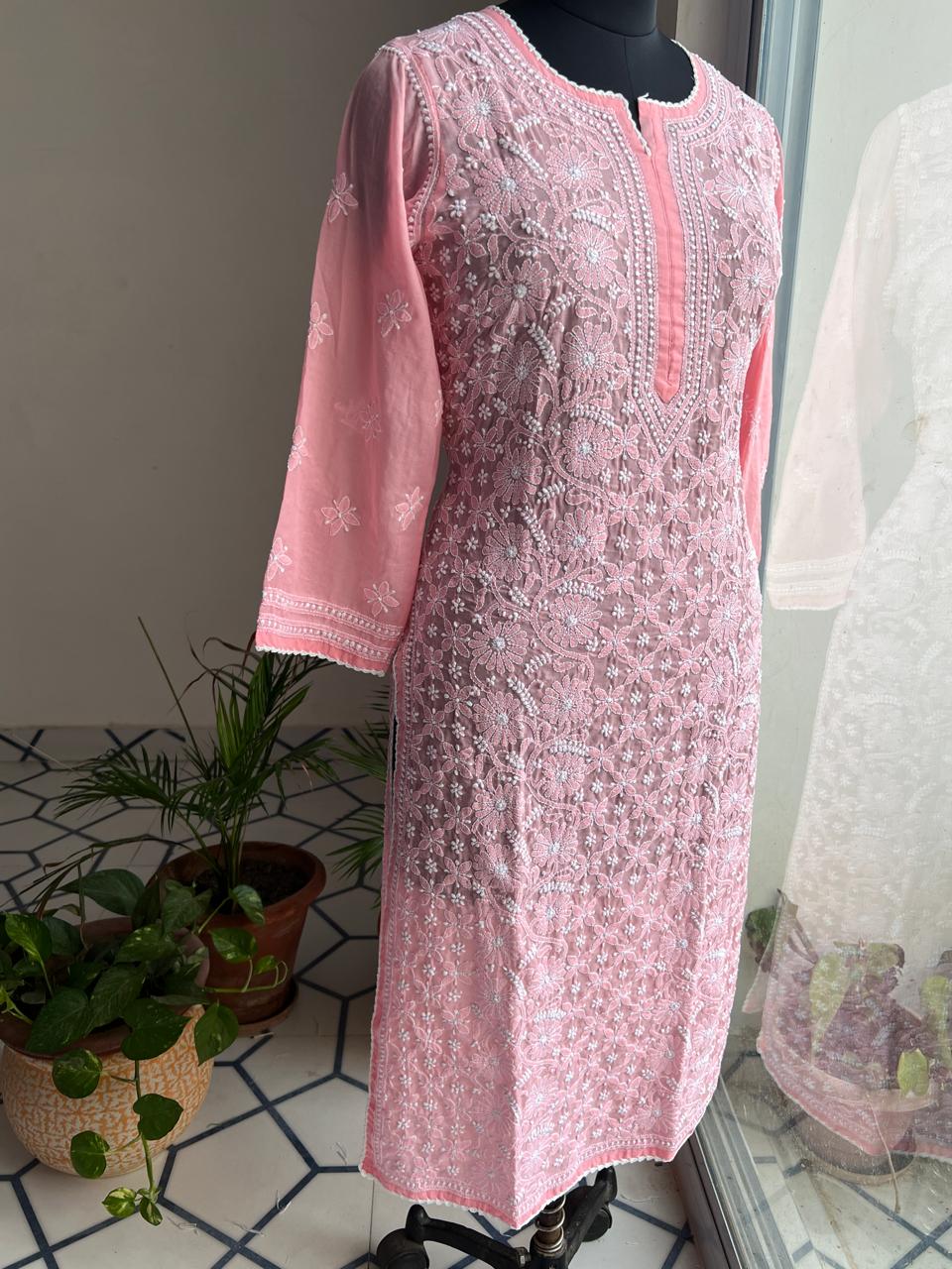 Coral Pink Cotton Hand embroidered kurti