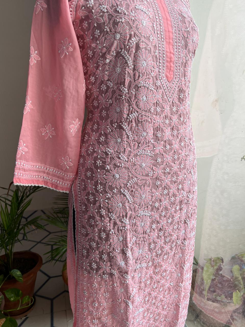 Coral Pink Cotton Hand embroidered kurti