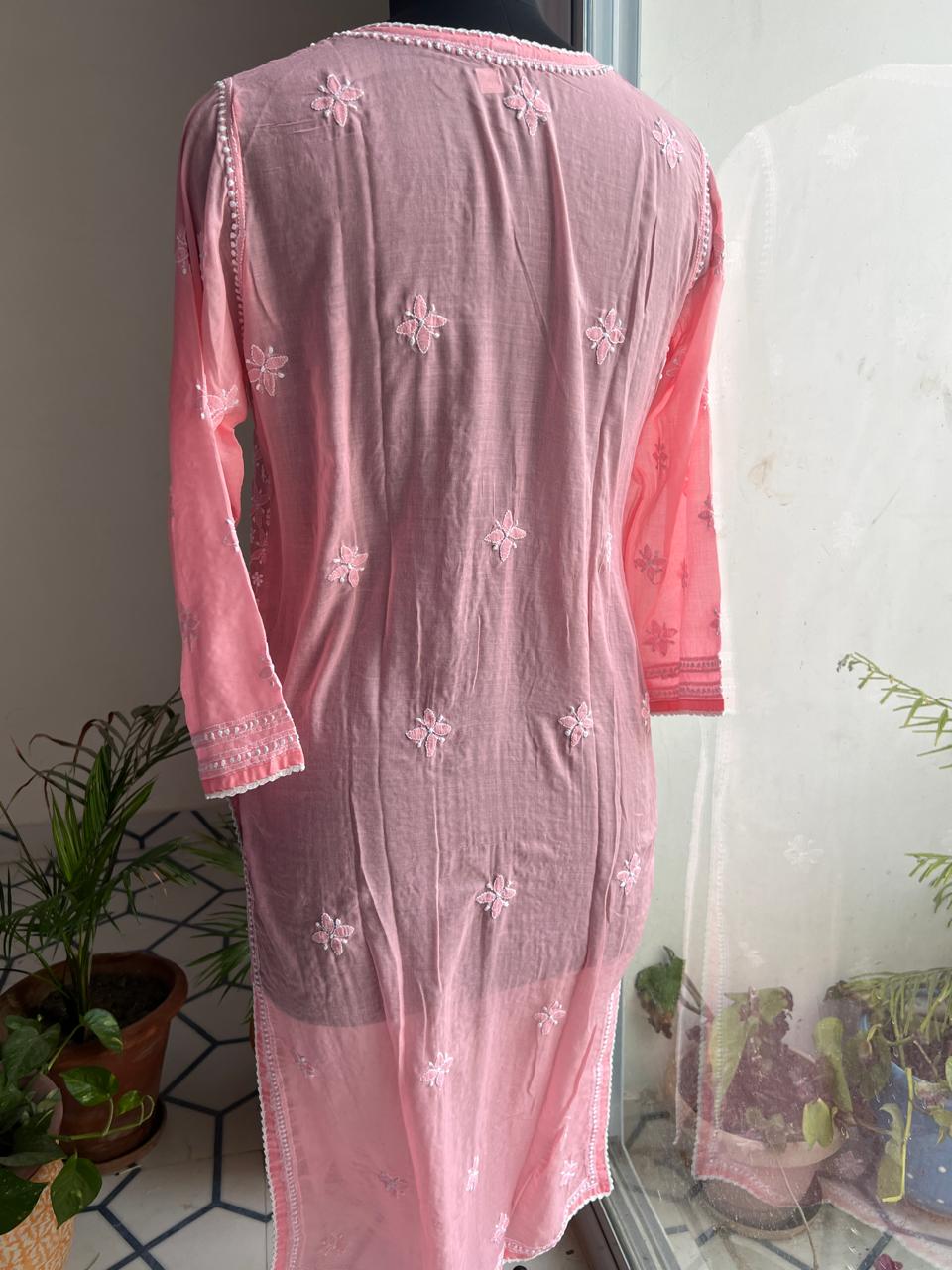 Coral Pink Cotton Hand embroidered kurti