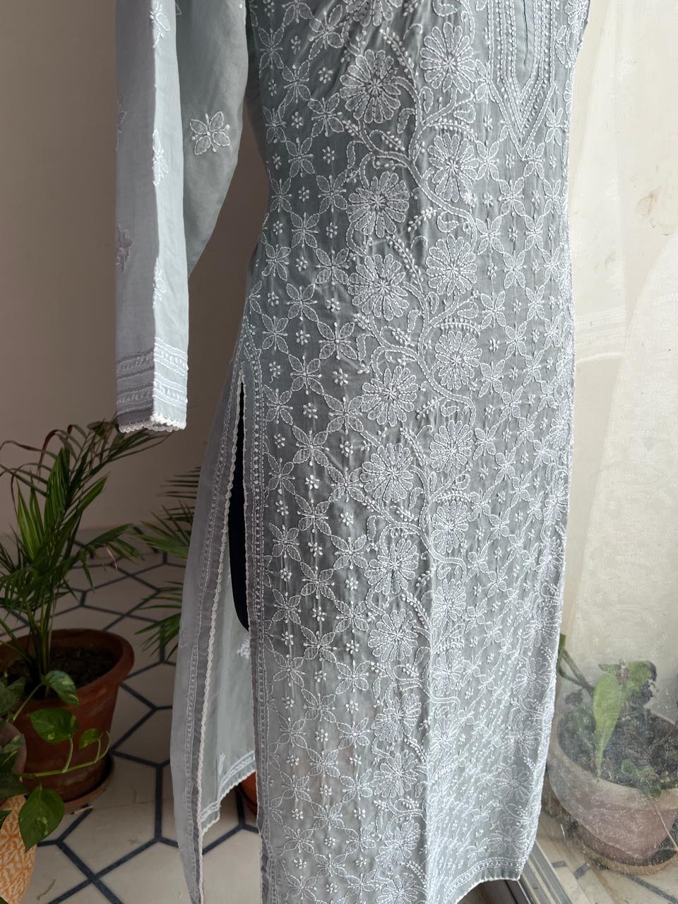 Grey Cotton Hand embroidered Jaalwork Kurti