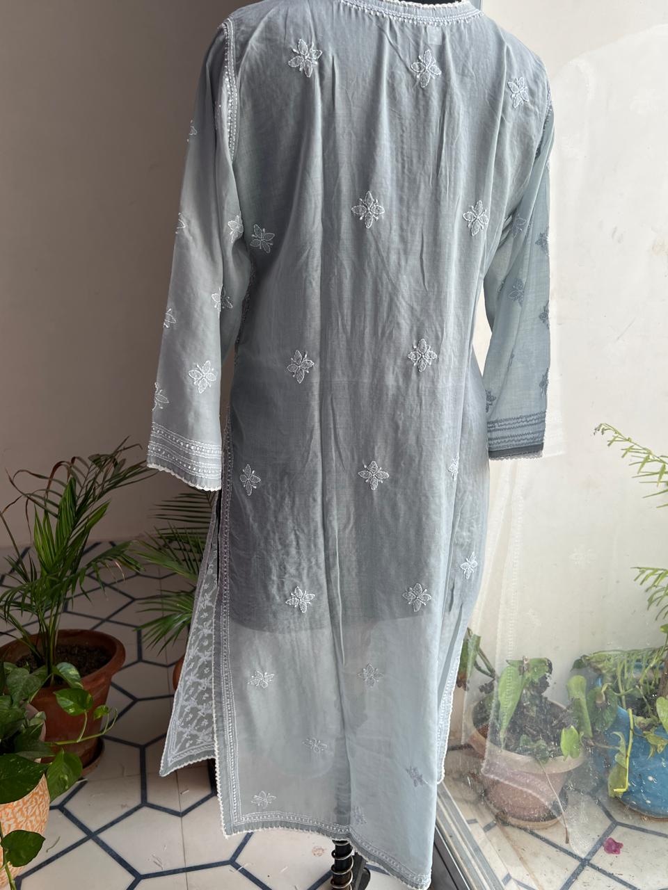 Grey Cotton Hand embroidered Jaalwork Kurti