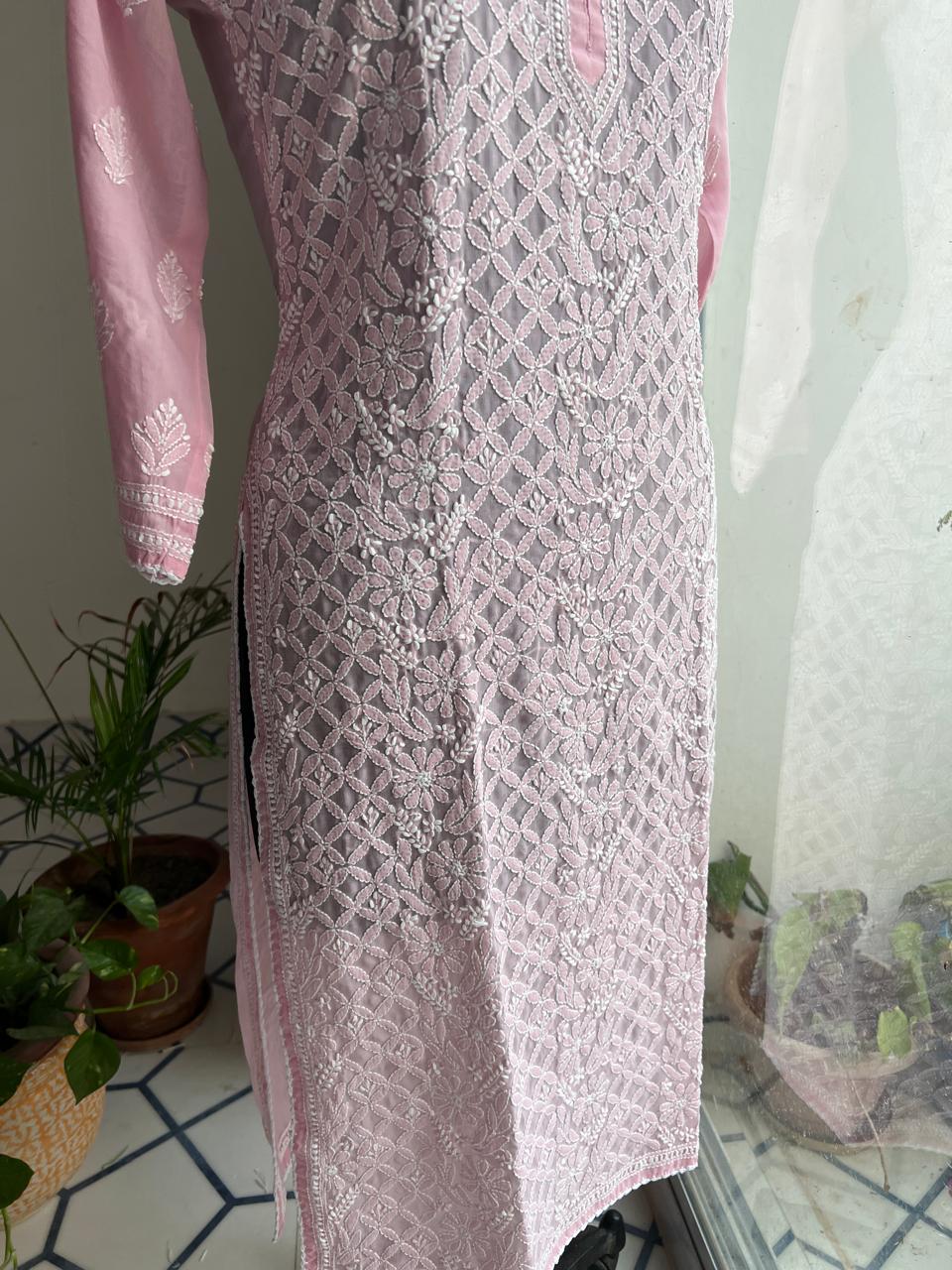 Old Rose pink Cotton Hand embroidered kurti