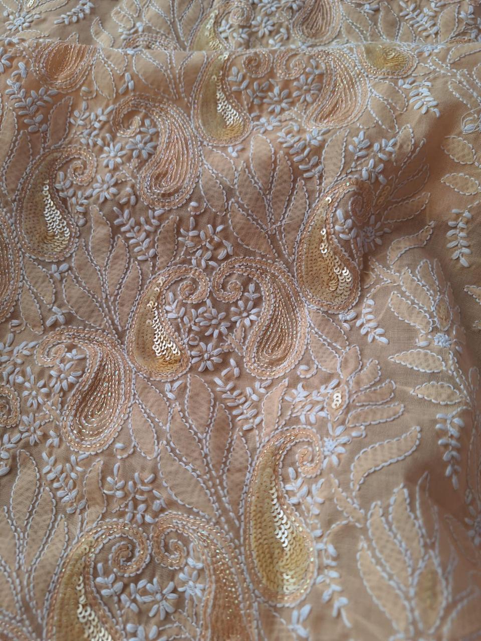 Sitara Peach Cotton Hand embroidered kurta with Embellishments