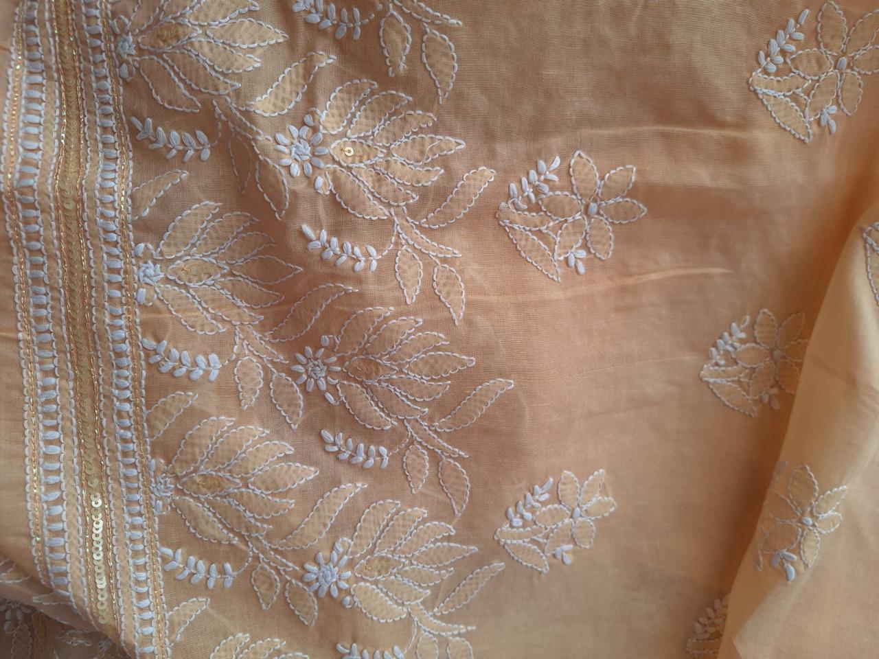 Sitara Peach Cotton Hand embroidered kurta with Embellishments