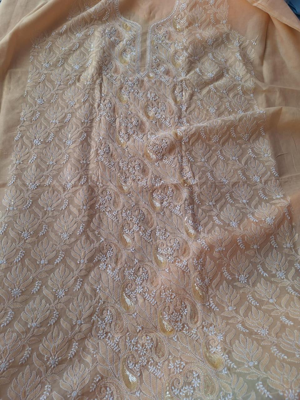 Sitara Peach Cotton Hand embroidered kurta with Embellishments