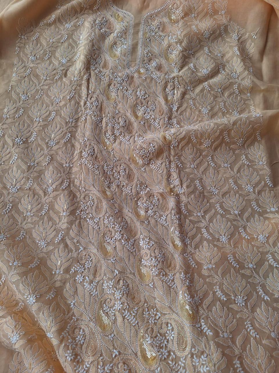 Sitara Peach Cotton Hand embroidered kurta with Embellishments