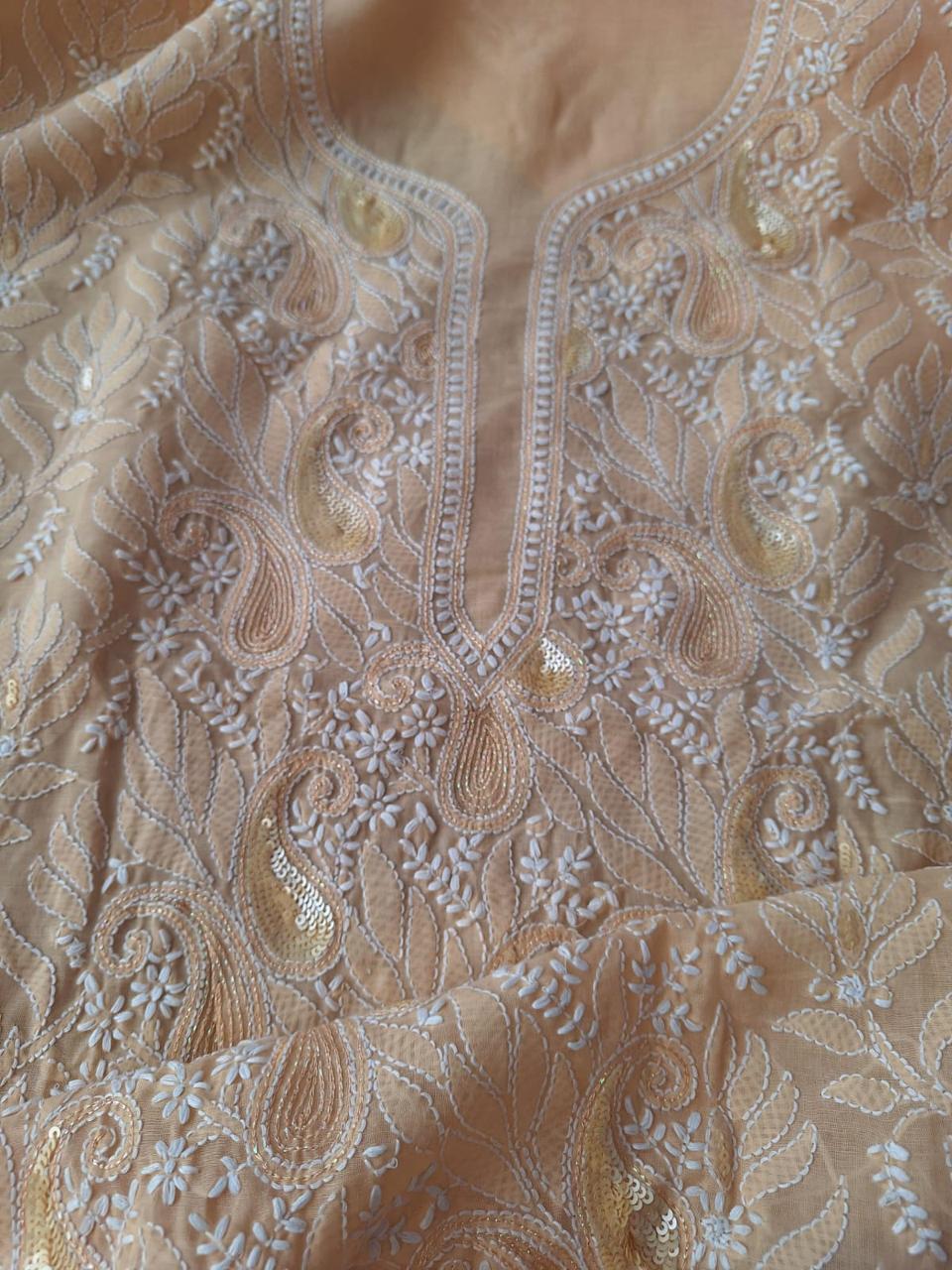 Sitara Peach Cotton Hand embroidered kurta with Embellishments