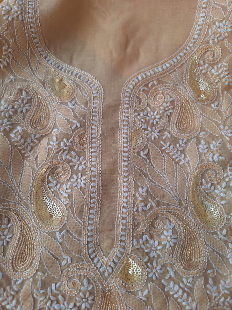 Sitara Peach Cotton Hand embroidered kurta with Embellishments