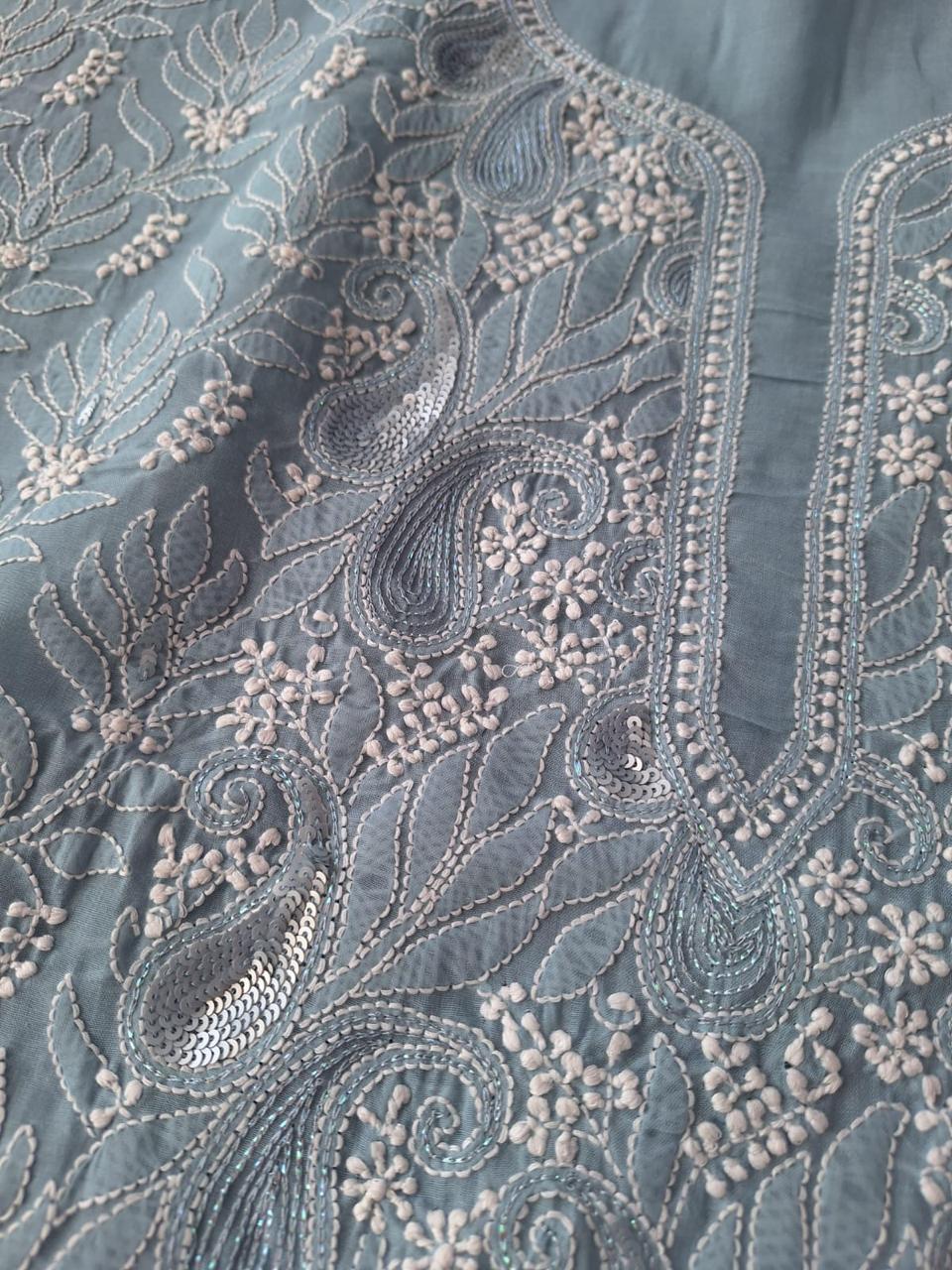 Sitara Grey Cotton Hand embroidered kurta with Sequins