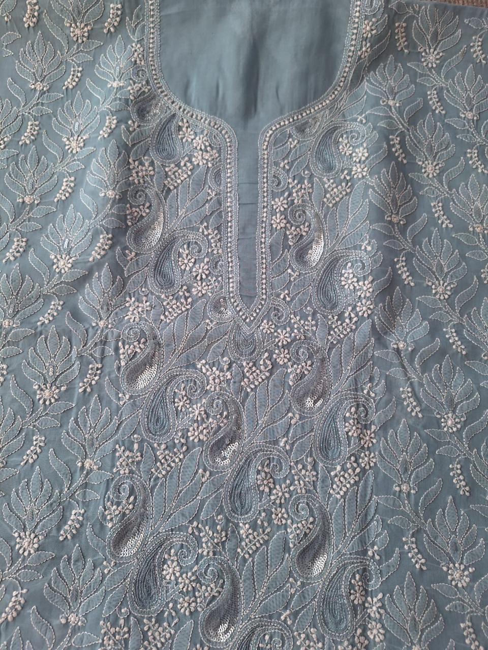 Sitara Grey Cotton Hand embroidered kurta with Sequins