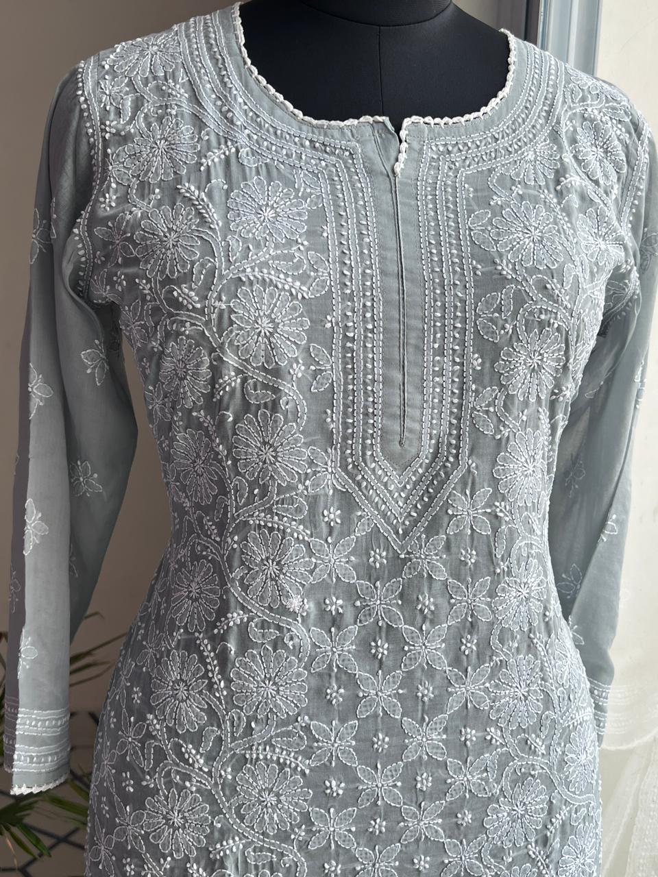 Grey Cotton Hand embroidered Jaalwork Kurti