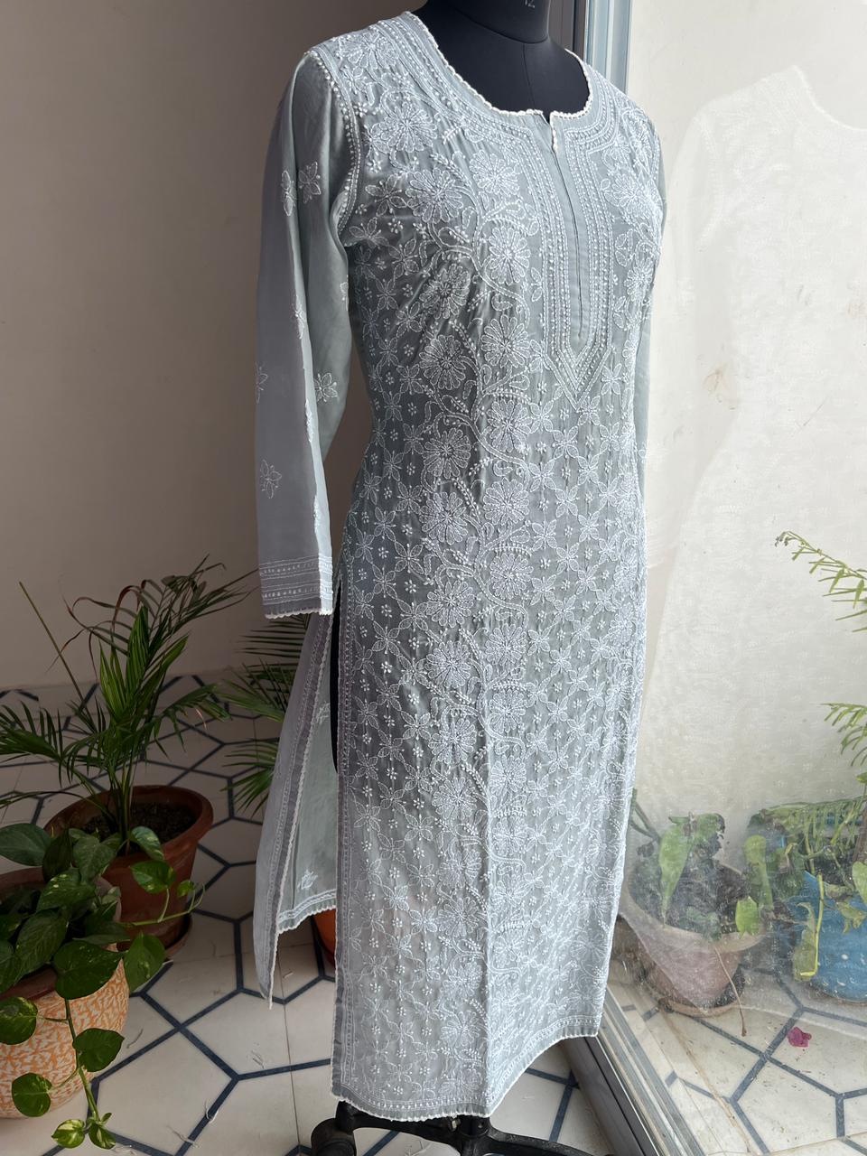 Grey Cotton Hand embroidered Jaalwork Kurti