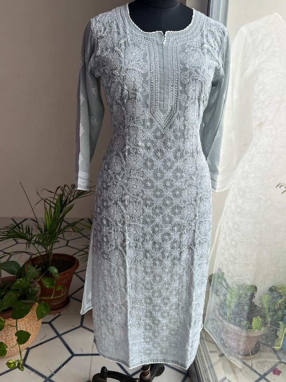 Grey Cotton Hand embroidered Jaalwork Kurti