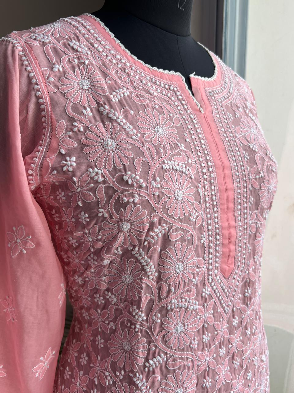 Coral Pink Cotton Hand embroidered kurti