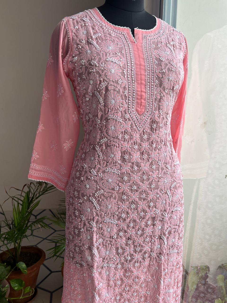Coral Pink Cotton Hand embroidered kurti